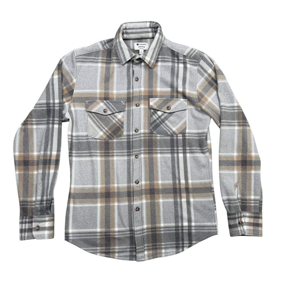Sperry Premium Apparel Flannel Shirt Mens S Grey Plaid Long Sleeve Button Down